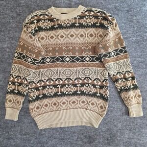 VTG Woods & Gray Sweater Mens Medium Tan Fair Isle Knit  Crew Neck Grandpa Core